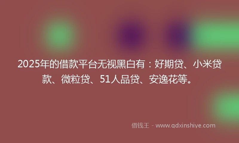 2025年的借款平台无视黑白有：好期贷、小米贷款、微粒贷、51人品贷、安逸花等。