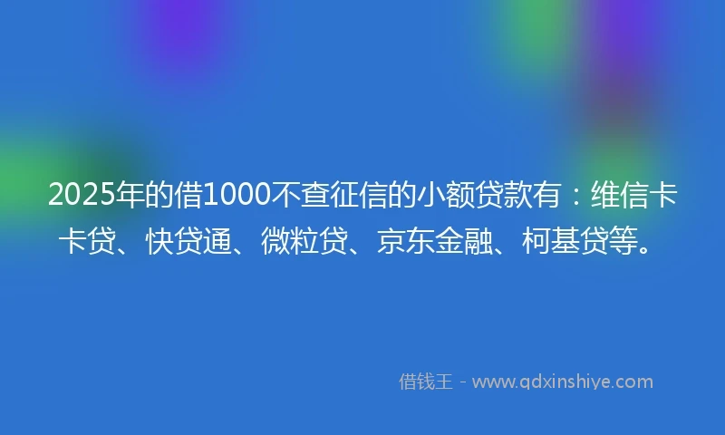 2025年的借1000不查征信的小额贷款有：维信卡卡贷、快贷通、微粒贷、京东金融、柯基贷等。