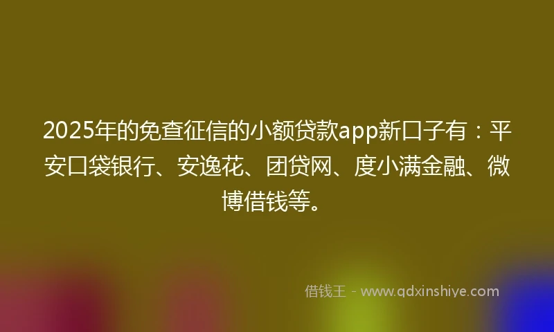 2025年的免查征信的小额贷款app新口子有：平安口袋银行、安逸花、团贷网、度小满金融、微博借钱等。