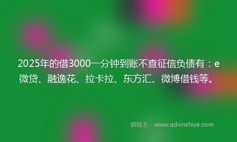 2025年的借3000一分钟到账不查征信负债有：e微贷、融逸花、拉卡拉、东方汇、微博借钱等。