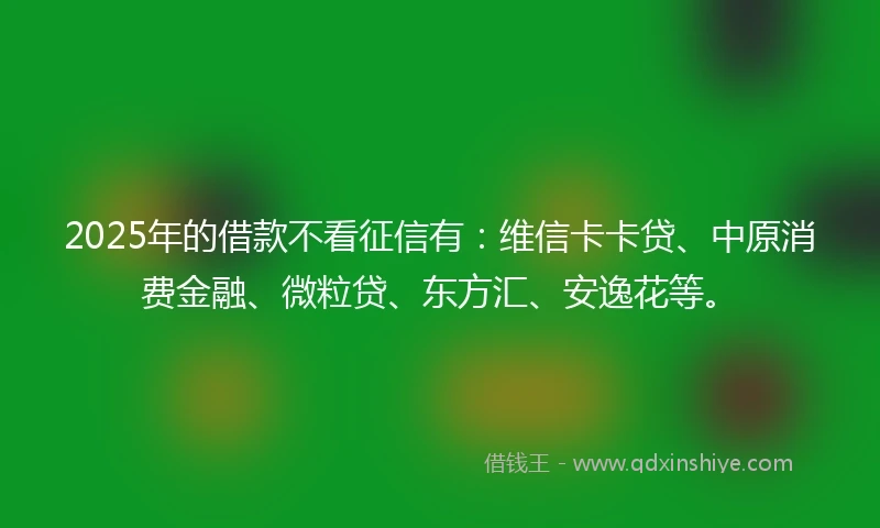 2025年的借款不看征信有：维信卡卡贷、中原消费金融、微粒贷、东方汇、安逸花等。