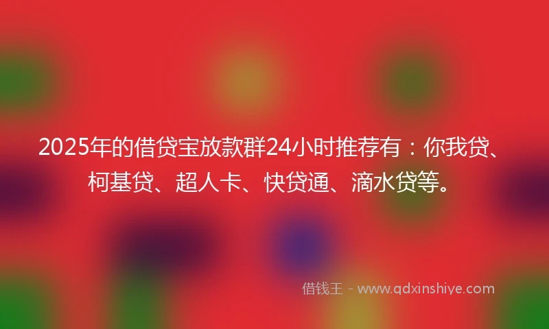 2025年的借贷宝放款群24小时推荐有：你我贷、柯基贷、超人卡、快贷通、滴水贷等。