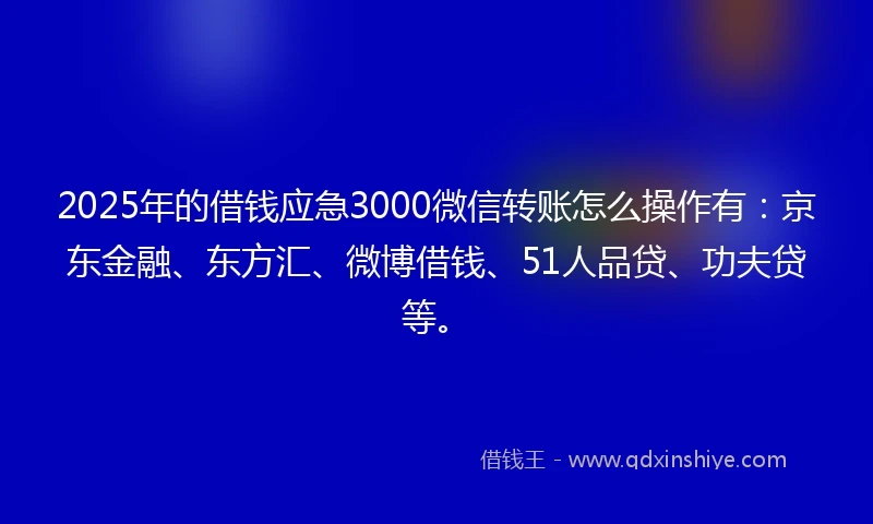 2025年的借钱应急3000微信转账怎么操作有：京东金融、东方汇、微博借钱、51人品贷、功夫贷等。