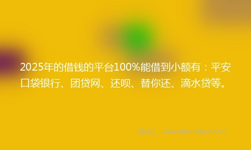 2025年的借钱的平台100%能借到小额有：平安口袋银行、团贷网、还呗、替你还、滴水贷等。
