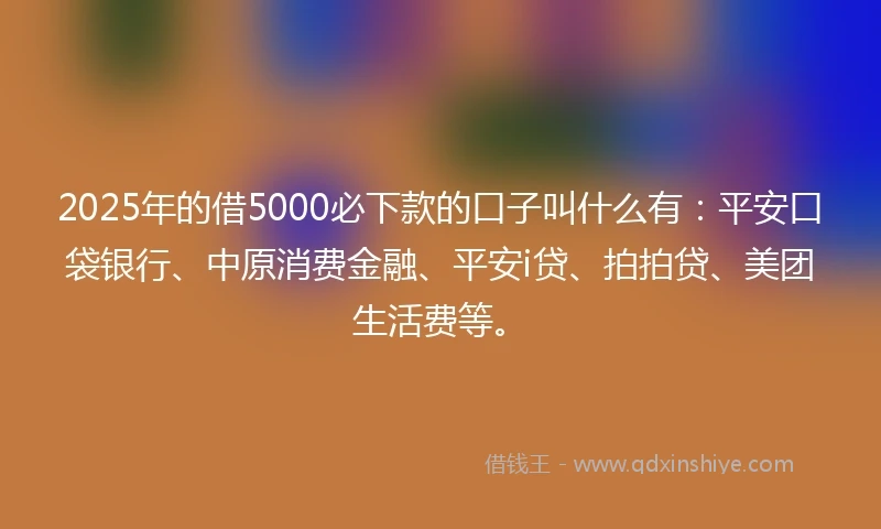 2025年的借5000必下款的口子叫什么有：平安口袋银行、中原消费金融、平安i贷、拍拍贷、美团生活费等。