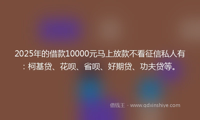 2025年的借款10000元马上放款不看征信私人有：柯基贷、花呗、省呗、好期贷、功夫贷等。