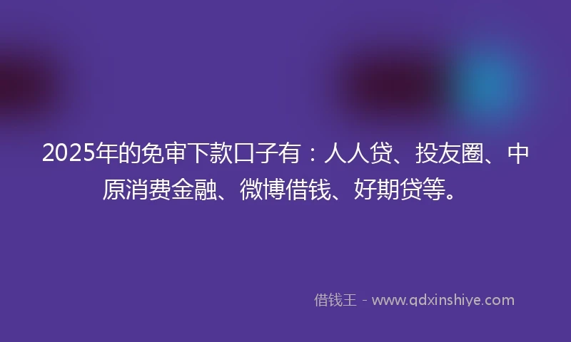 2025年的免审下款口子有：人人贷、投友圈、中原消费金融、微博借钱、好期贷等。