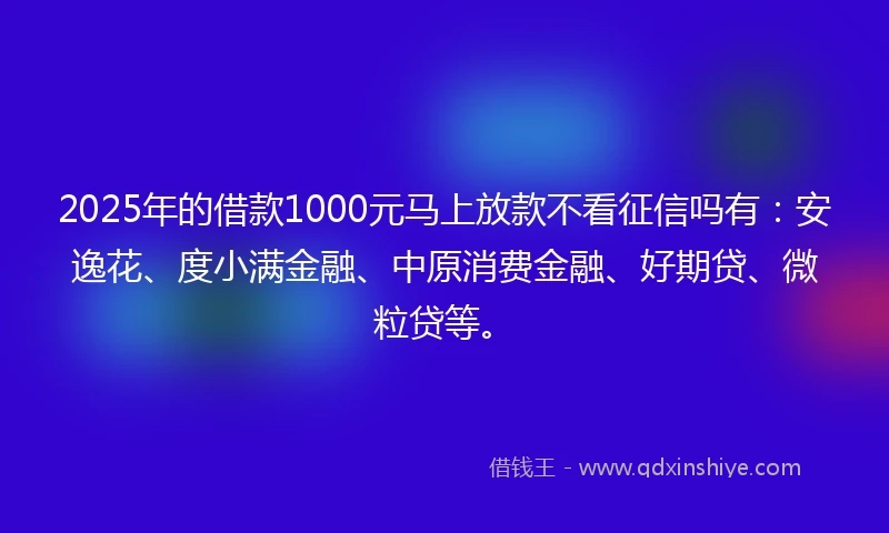2025年的借款1000元马上放款不看征信吗有：安逸花、度小满金融、中原消费金融、好期贷、微粒贷等。