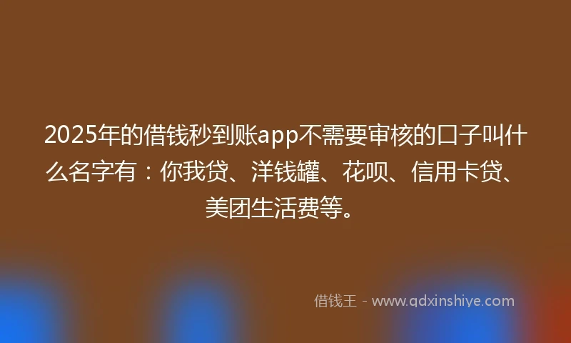 2025年的借钱秒到账app不需要审核的口子叫什么名字有：你我贷、洋钱罐、花呗、信用卡贷、美团生活费等。