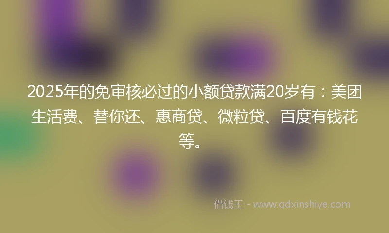 2025年的免审核必过的小额贷款满20岁有：美团生活费、替你还、惠商贷、微粒贷、百度有钱花等。