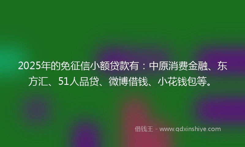 2025年的免征信小额贷款有：中原消费金融、东方汇、51人品贷、微博借钱、小花钱包等。