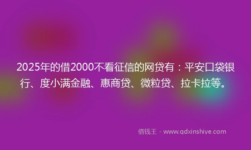 2025年的借2000不看征信的网贷有：平安口袋银行、度小满金融、惠商贷、微粒贷、拉卡拉等。