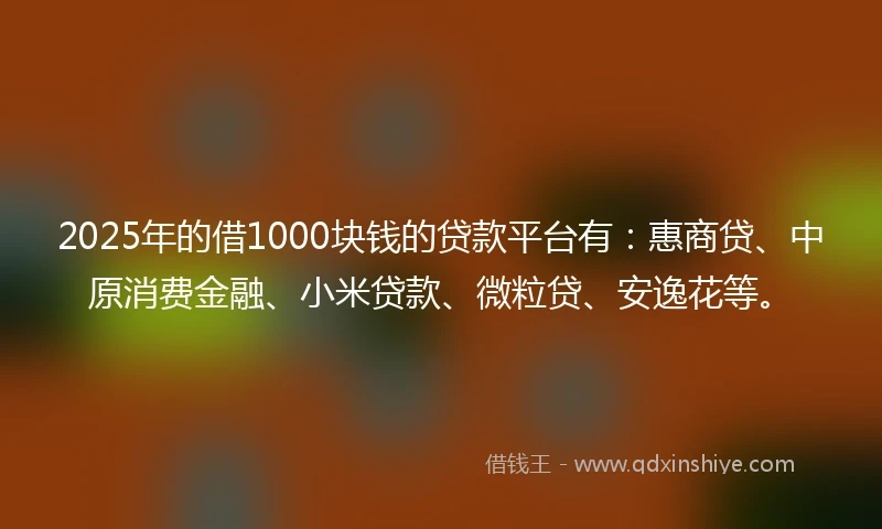 2025年的借1000块钱的贷款平台有:惠商贷、中原消费金融、小米贷款、微粒贷、安逸花等。