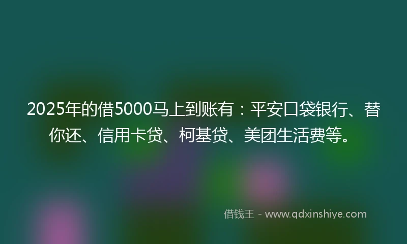 2025年的借5000马上到账有：平安口袋银行、替你还、信用卡贷、柯基贷、美团生活费等。
