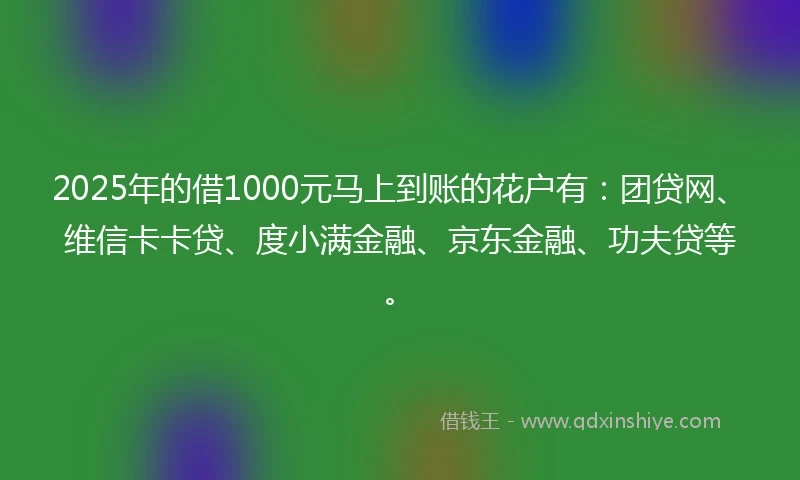 2025年的借1000元马上到账的花户有：团贷网、维信卡卡贷、度小满金融、京东金融、功夫贷等。