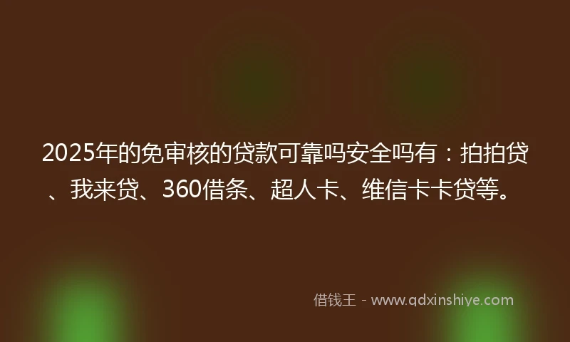 2025年的免审核的贷款可靠吗安全吗有：拍拍贷、我来贷、360借条、超人卡、维信卡卡贷等。