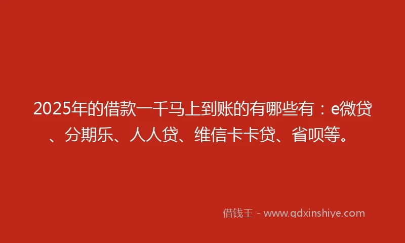 2025年的借款一千马上到账的有哪些有：e微贷、分期乐、人人贷、维信卡卡贷、省呗等。