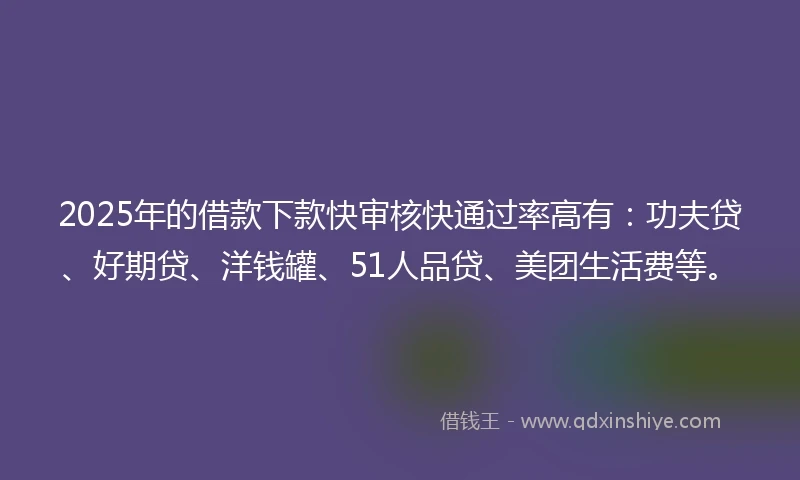 2025年的借款下款快审核快通过率高有：功夫贷、好期贷、洋钱罐、51人品贷、美团生活费等。