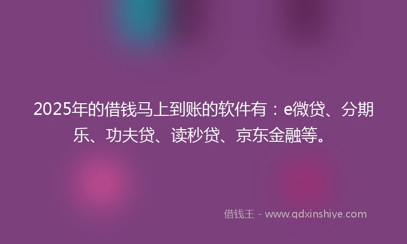2025年的借钱马上到账的软件有：e微贷、分期乐、功夫贷、读秒贷、京东金融等。