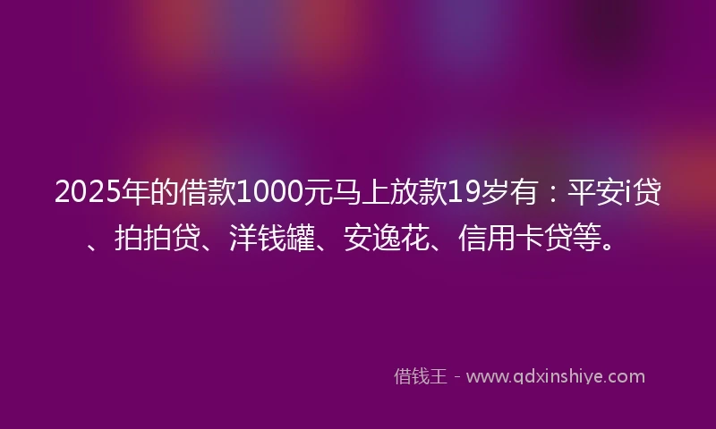 2025年的借款1000元马上放款19岁有：平安i贷、拍拍贷、洋钱罐、安逸花、信用卡贷等。