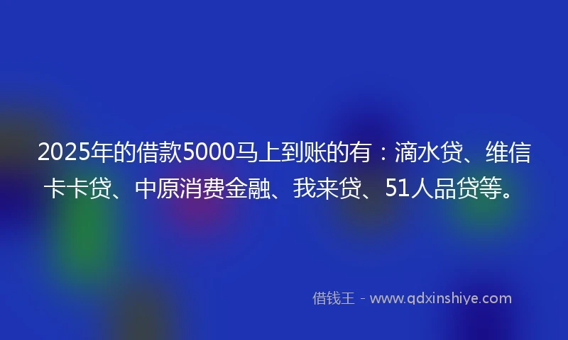 2025年的借款5000马上到账的有：滴水贷、维信卡卡贷、中原消费金融、我来贷、51人品贷等。