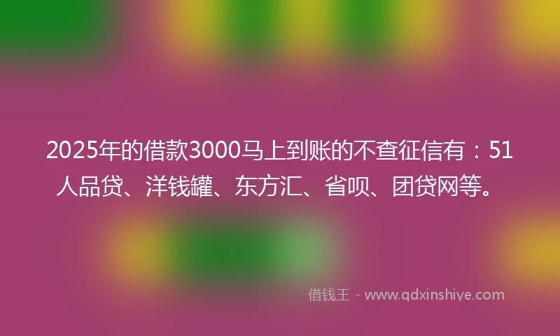 2025年的借款3000马上到账的不查征信有：51人品贷、洋钱罐、东方汇、省呗、团贷网等。