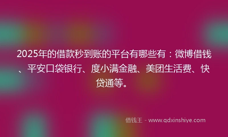 2025年的借款秒到账的平台有哪些有：微博借钱、平安口袋银行、度小满金融、美团生活费、快贷通等。