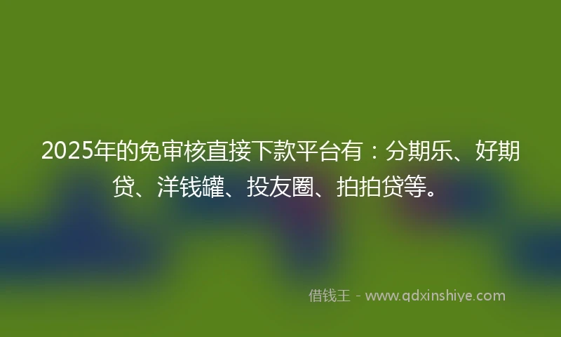 2025年的免审核直接下款平台有：分期乐、好期贷、洋钱罐、投友圈、拍拍贷等。