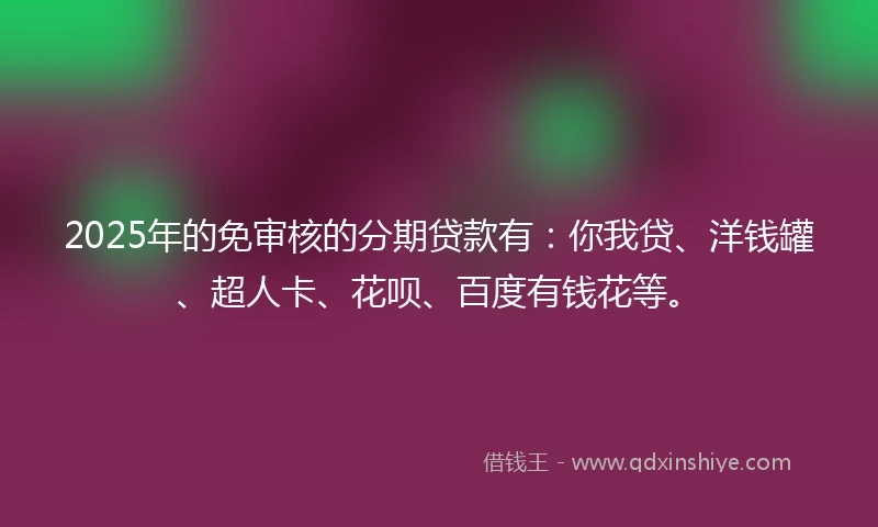 2025年的免审核的分期贷款有：你我贷、洋钱罐、超人卡、花呗、百度有钱花等。
