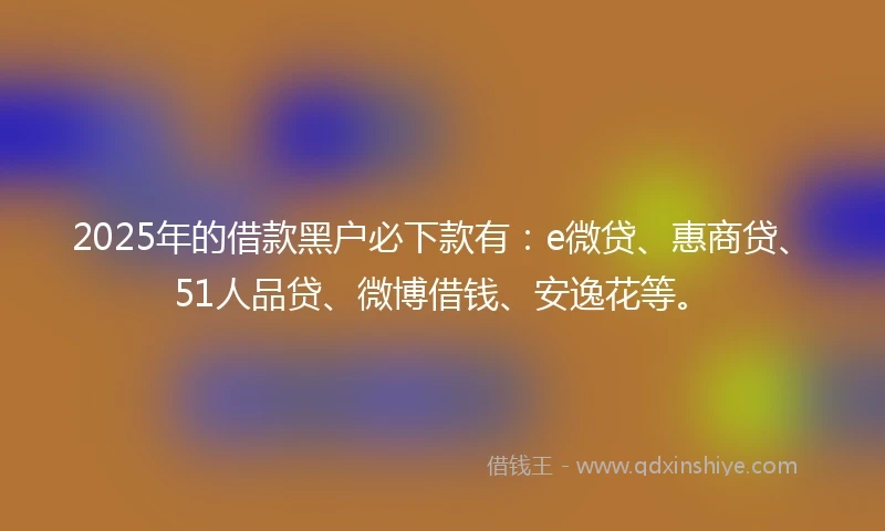 2025年的借款黑户必下款有：e微贷、惠商贷、51人品贷、微博借钱、安逸花等。