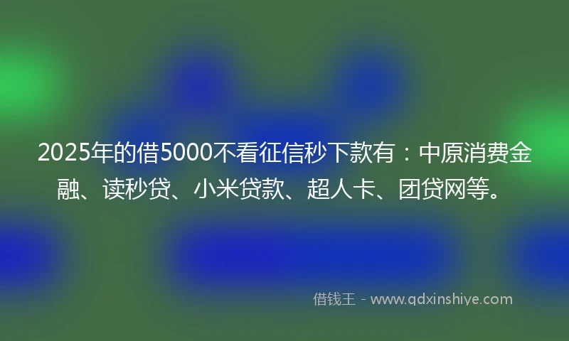 2025年的借5000不看征信秒下款有:中原消费金融、读秒贷、小米贷款、超人卡、团贷网等。