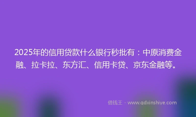 2025年的信用贷款什么银行秒批有：中原消费金融、拉卡拉、东方汇、信用卡贷、京东金融等。