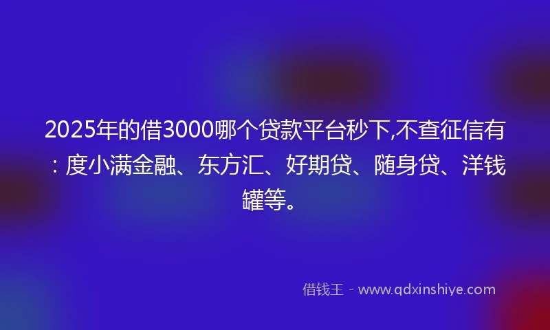 2025年的借3000哪个贷款平台秒下,不查征信有：度小满金融、东方汇、好期贷、随身贷、洋钱罐等。