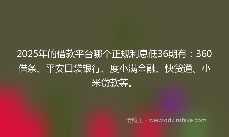 2025年的借款平台哪个正规利息低36期有：360借条、平安口袋银行、度小满金融、快贷通、小米贷款等。