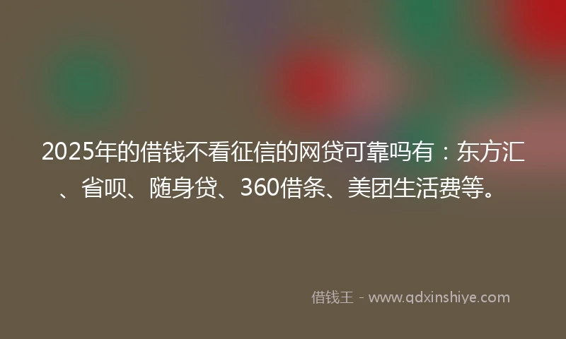 2025年的借钱不看征信的网贷可靠吗有：东方汇、省呗、随身贷、360借条、美团生活费等。