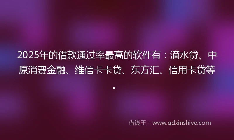 2025年的借款通过率最高的软件有：滴水贷、中原消费金融、维信卡卡贷、东方汇、信用卡贷等。