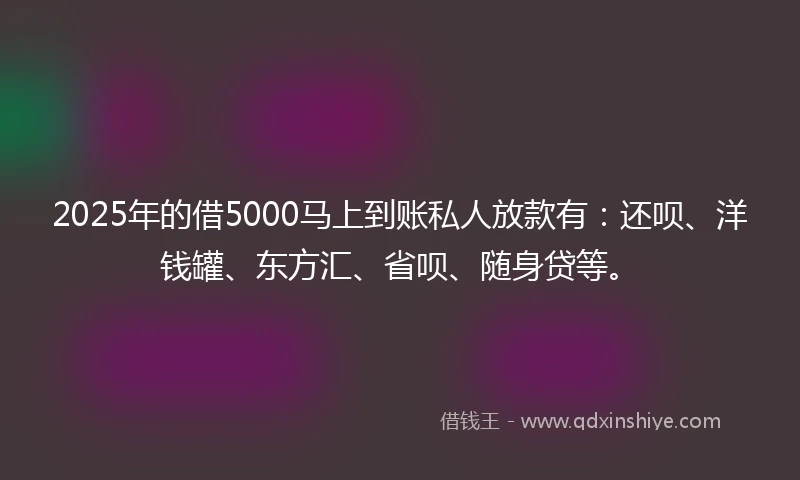 2025年的借5000马上到账私人放款有：还呗、洋钱罐、东方汇、省呗、随身贷等。