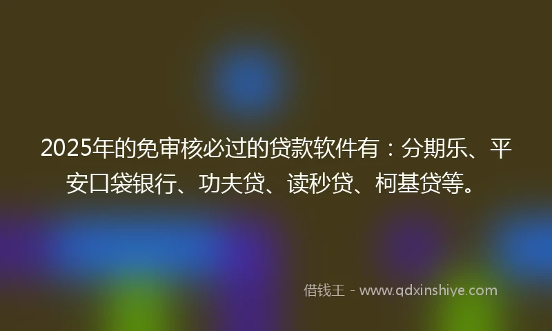 2025年的免审核必过的贷款软件有：分期乐、平安口袋银行、功夫贷、读秒贷、柯基贷等。
