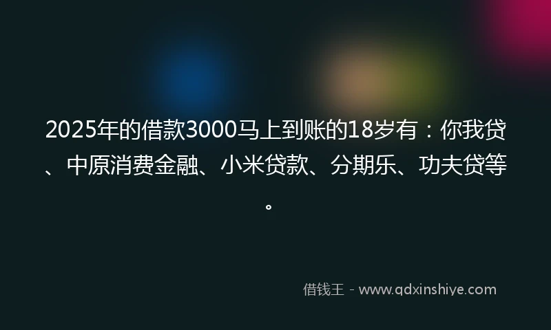 2025年的借款3000马上到账的18岁有：你我贷、中原消费金融、小米贷款、分期乐、功夫贷等。