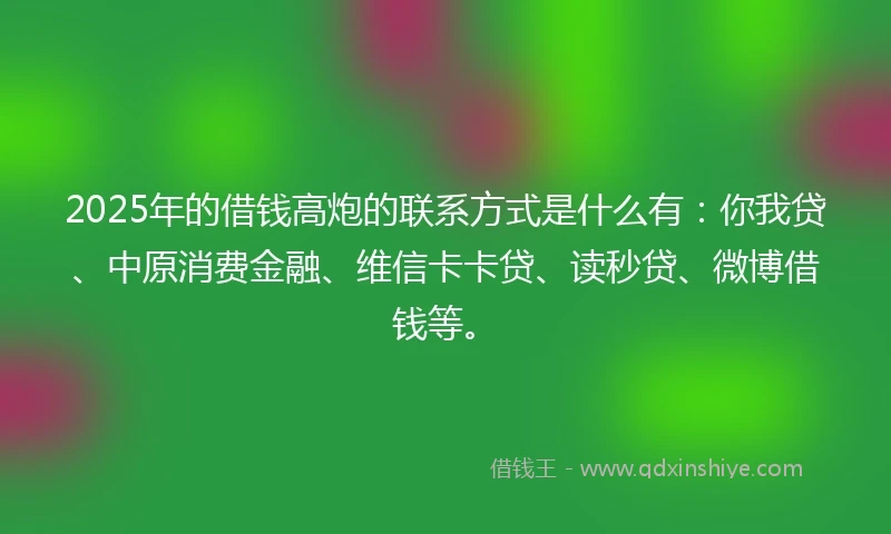 2025年的借钱高炮的联系方式是什么有：你我贷、中原消费金融、维信卡卡贷、读秒贷、微博借钱等。