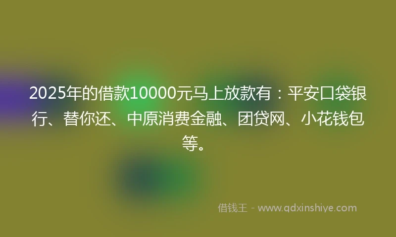 2025年的借款10000元马上放款有：平安口袋银行、替你还、中原消费金融、团贷网、小花钱包等。