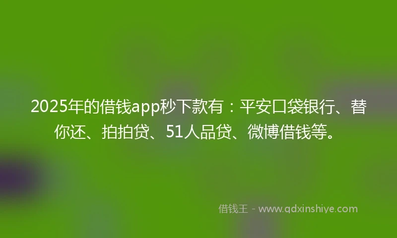 2025年的借钱app秒下款有：平安口袋银行、替你还、拍拍贷、51人品贷、微博借钱等。