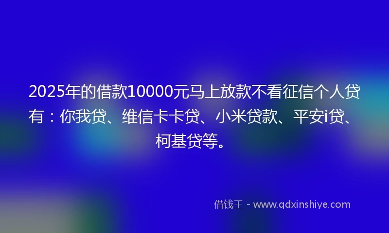 2025年的借款10000元马上放款不看征信个人贷有：你我贷、维信卡卡贷、小米贷款、平安i贷、柯基贷等。