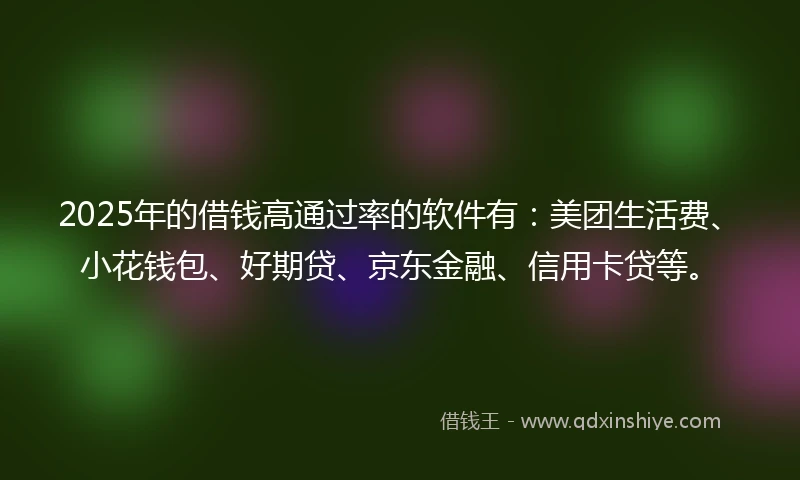 2025年的借钱高通过率的软件有：美团生活费、小花钱包、好期贷、京东金融、信用卡贷等。