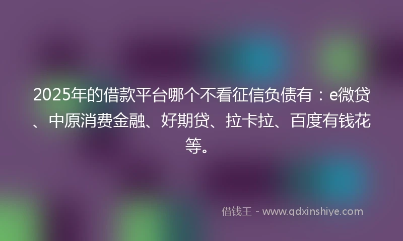 2025年的借款平台哪个不看征信负债有:e微贷、中原消费金融、好期贷、拉卡拉、百度有钱花等。