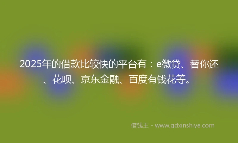 2025年的借款比较快的平台有：e微贷、替你还、花呗、京东金融、百度有钱花等。