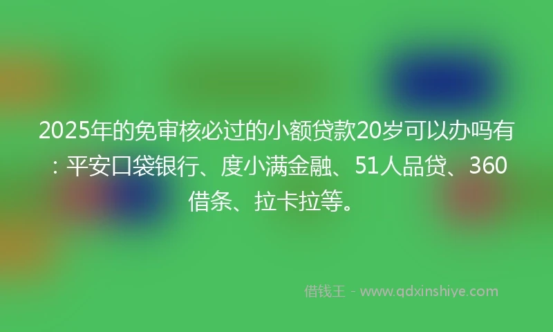 2025年的免审核必过的小额贷款20岁可以办吗有：平安口袋银行、度小满金融、51人品贷、360借条、拉卡拉等。