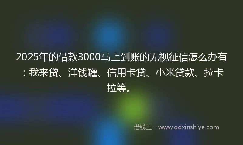 2025年的借款3000马上到账的无视征信怎么办有：我来贷、洋钱罐、信用卡贷、小米贷款、拉卡拉等。