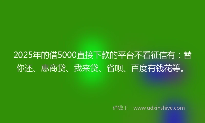 2025年的借5000直接下款的平台不看征信有：替你还、惠商贷、我来贷、省呗、百度有钱花等。