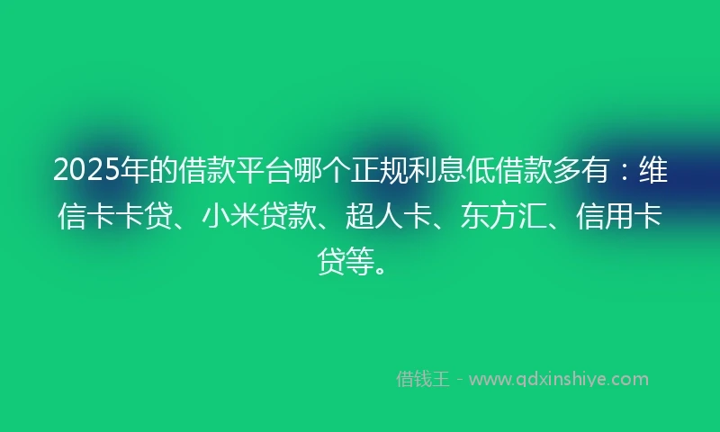 2025年的借款平台哪个正规利息低借款多有：维信卡卡贷、小米贷款、超人卡、东方汇、信用卡贷等。
